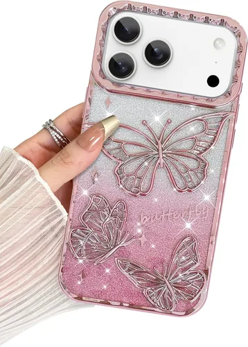 Miniatura 8 de BITOBE Diseñada para iPhone 15 Pro Max, bonita funda de mariposa 3D chapada en purpurina delgada para mujeres y niñas, protección de cámara, Negro