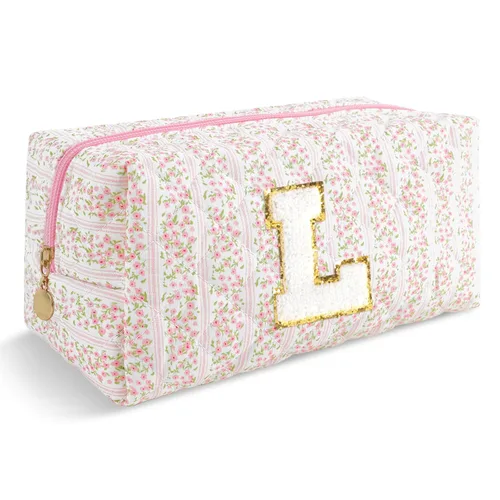 Miniatura 70 de Pequeña bolsa de maquillaje personalizada con inicial A-Z Preppy Patch, bolsa de cosméticos de viaje de felpilla blanca con cremallera, bonita bolsa