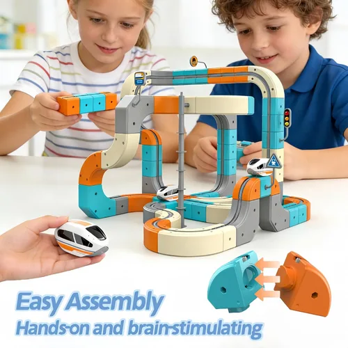 Miniatura 4 de Juego de tren eléctrico 3D para niños, pista de carreras de gravedad mágica con aprendizaje STEM, cubos y bloques flexibles, juguete para niños