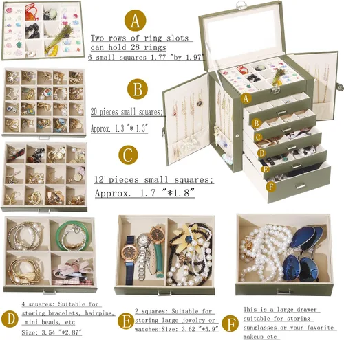 Miniatura 3 de BOOVO Joyero para mujer, organizador de joyas grande de 6 capas con espejo, caja de almacenamiento multifunción con cerradura, soporte de accesorios