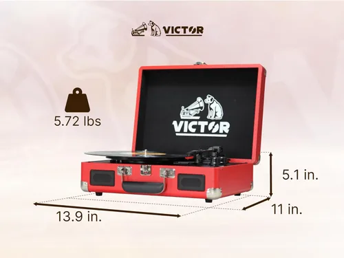 Miniatura 5 de VICTOR Metro - Tocadiscos portátil de maleta de 3 velocidades con doble entrada y salida Bluetooth y altavoces estéreo integrados, rojo (VSRP-800-RD)