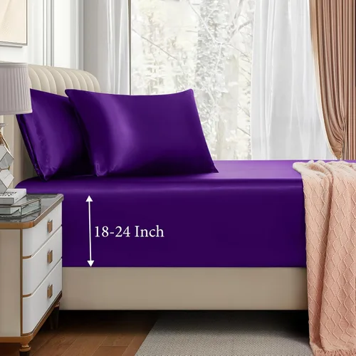 Miniatura 17 de VACVELT Juego de sábanas bajeras de satén de 3 piezas con bolsillos extra profundos para cama matrimonial, sábana bajera color gris que se ajusta a