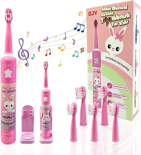 Miniatura 8 de OJV 8620 - Cepillos de dientes eléctricos musicales para niños, 3 modos, temporizador de 2 minutos, 6 cerdas recargables, energía inteligente, Rosa