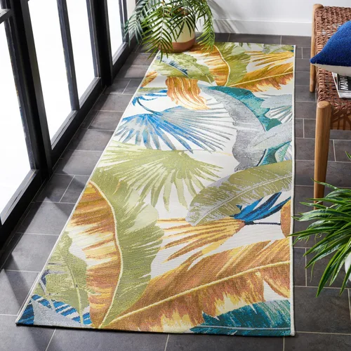 Miniatura 4 de SAFAVIEH Alfombra lavable para exteriores, colección Barbados – Alfombra de pasillo de 2 pies 8 pulgadas x 8 pies, dorada y verde, no desprende