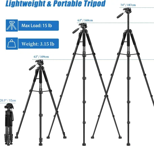 Miniatura 2 de JOILCAN Trípodes para cámara, trípode de 74 pulgadas para grabación de video, cámaras de alta resistencia, trípode DSLR de viaje profesional, Negro