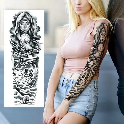 Miniatura 2 de Tatuajes temporales de flor de tótem negro y calavera - 8 hojas de tatuajes realistas de manga para hombres y mujeres, tatuaje falso grande