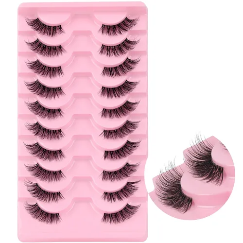 Miniatura 8 de Ahrikiss Mitad pestañas de aspecto natural, 10 pares de pestañas postizas 3D esponjosas con banda transparente, medias pestañas cortas suaves (TB10)