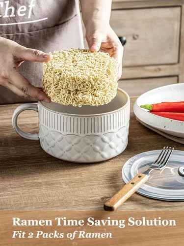 Miniatura 5 de Gomakren Tazón de sopa con asa de 39 onzas, cuenco de ramen para microondas con tapa, recipiente de sopa de cerámica para ramen, cereales, oficina