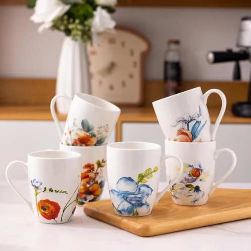 Miniatura 6 de GBhome Juego de 6 tazas de café de 12 onzas, tazas de café de cerámica con flores adhesivas para hombre, mujer, mamá, papá, juego de tazas de café