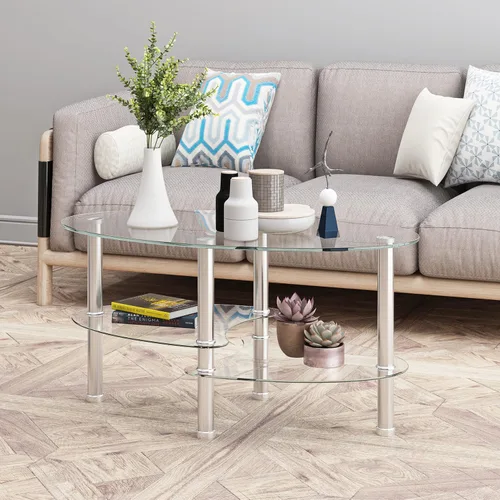 Miniatura 8 de Mesa auxiliar ovalada de vidrio templado de 3 capas con patas de madera de roble de almacenamiento, mesa auxiliar moderna para sala de estar