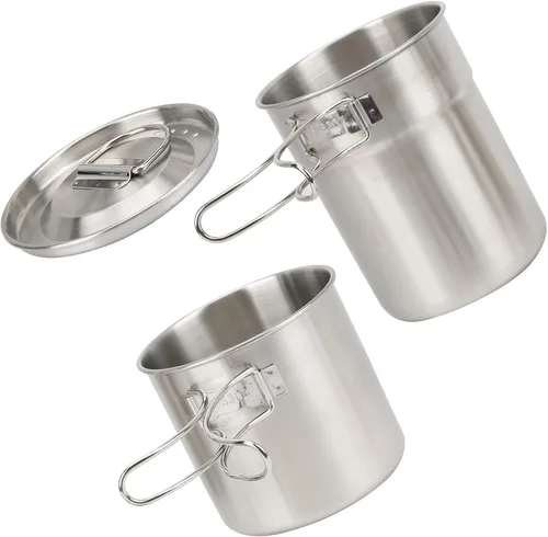 Miniatura 7 de Taza de camping plegable de acero inoxidable con tapa para llama directa de fuego abierto para mochilero/senderismo/camping catering al aire libre