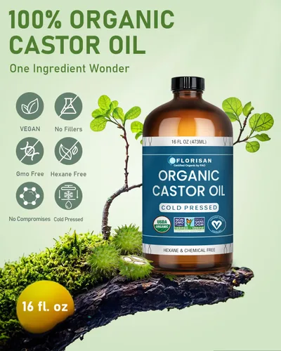 Miniatura 3 de Florisan Aceite de ricino orgánico certificado por USDA, botella de vidrio de 16 onzas, prensado en frío, sin hexano, sin OMG, vegano, 100% puro