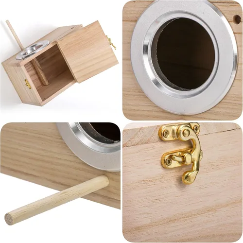 Miniatura 3 de Hiceeden Paquete de 2 cajas nido de periquitos, caja de anidación de pájaros de madera natural, caja de cría de pájaros pequeños para tortolitos
