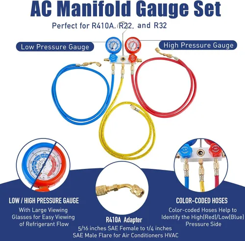 Miniatura 3 de BACOENG Juego de bomba de vacío y medidor de CA R32, kit de bomba de vacío HVAC de 4 CFM para sistema Mini Split, motor sin chispas
