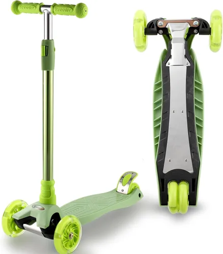 Patinete de 3 ruedas para niños de 6 a 12 años, patinete infantil con ruedas iluminadas, diseño de cubierta resistente y 4 alturas ajustables, Verde