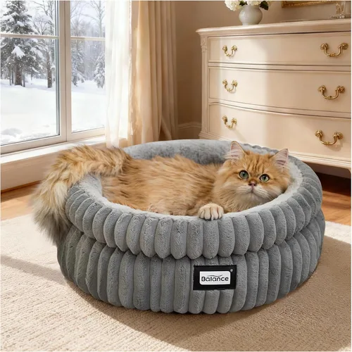 Miniatura 8 de BALANCE Cama para gatos, cama para gatitos, camas redondas lavables para gatos de interior, cama de felpa súper suave de piel sintética para Gris