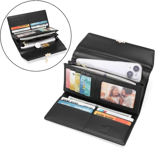Miniatura 7 de aurrako Carteras de cuero para mujer, tarjetero de cuero RFID, triple pliegue, monedas, bolsillo con cremallera y ventana de identificación, gran
