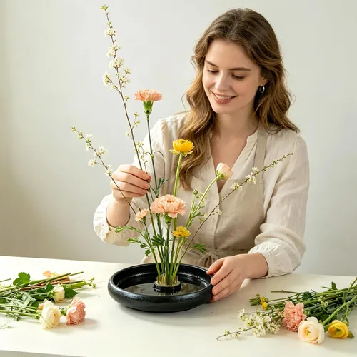 Miniatura 4 de Kit de jarrón Ikebana japonés, cerámicas de contenedor poco profundo para flores, jarrón Ikebana con rana de flores de 1.57 pulgadas y herramienta