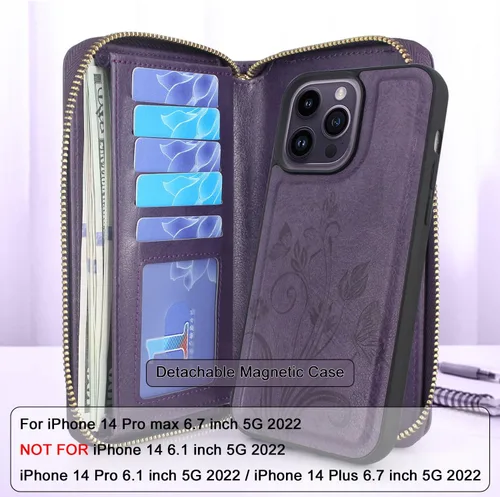 Miniatura 2 de Funda compatible con iPhone 14 PRO MAX de 6.7 pulgadas 2022, funda cruzada con doble cremallera, desmontable, magnética, de cuero, funda