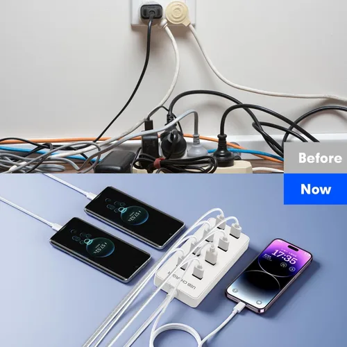 Miniatura 5 de Cargador de pared USB Estación de carga USB para múltiples dispositivos, tira de concentrador de carga de 8 puertos, bloque de cargador inteligente