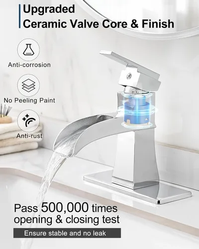 Miniatura 4 de Grifo de baño con cascada cromado, grifos de baño de latón de 4 pulgadas con un agujero o 3 agujeros, llave única con drenaje de PP, placa de Cromo