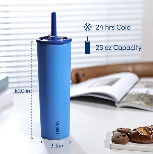 Miniatura 5 de Vaso de caramelo, botella de agua aislada de acero inoxidable de 25 onzas, tapa 2 en 1 con popote flexible, sin BPA, apto para vasos, apto