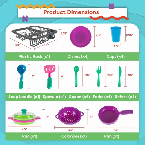 Miniatura 6 de Hey! Play! Juego de platos de juego para niños, juego de vajilla de 27 piezas con escurridor, para juegos de cocina y comida de simulación, juguetes