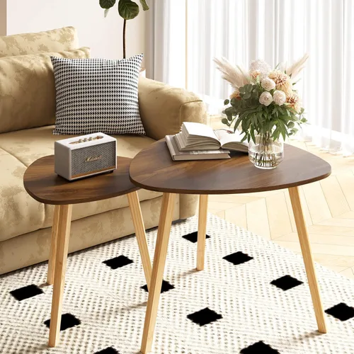 BAMEOS Mesa auxiliar triangular anidable de bambú, juego de 2 mesas de café modernas y minimalistas para sala de estar (Nogal)