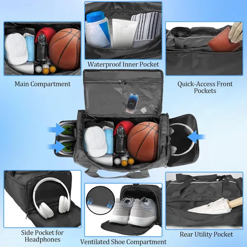 Miniatura 5 de ORKELS Bolsa de gimnasio con compartimento para zapatos, bolsa deportiva de 29 litros para hombres y mujeres, mochila de viaje con bolsillo húmedo