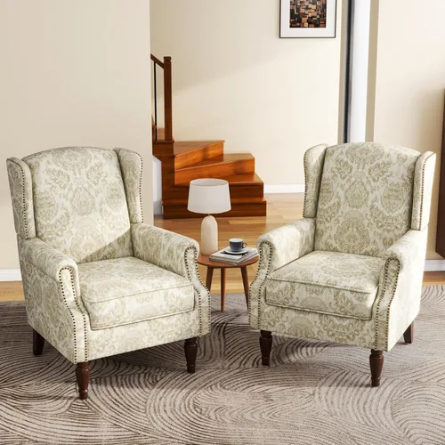 Miniatura 27 de Silla de Acento de Respaldo Alto, Sillón Tapizado en Tela para Sala de Estar, Sillón Wingback con Estampado Floral con Patas de Madera Maciza, Sofá