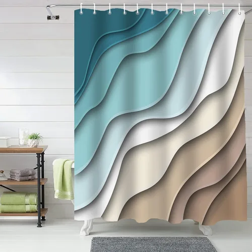 Miniatura 6 de BestLives Cortinas de ducha verde azulado azul moderno geométrico cortina de baño marrón abstracto ola océano impermeable tela de poliéster cortina