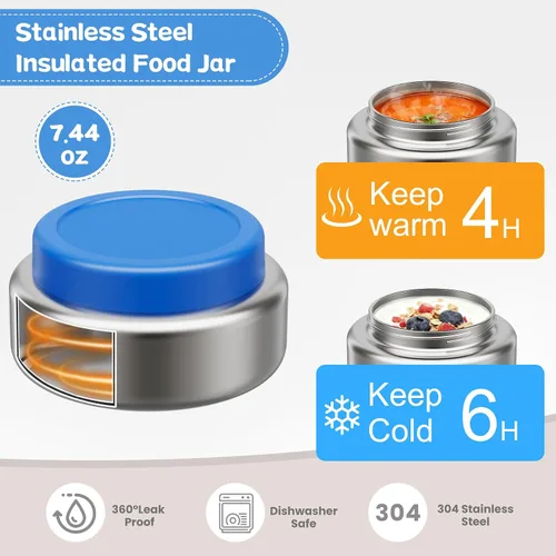 Miniatura 3 de Pawtong Caja Bento de Acero Inoxidable para Niños y Adultos con Frasco de Comida Aislado de 7 oz, Caja de Almuerzo de Metal con Tapa Transparente