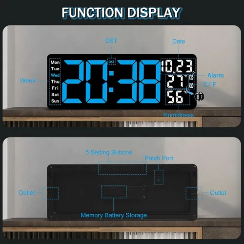 Miniatura 8 de JoFomp Reloj de pared digital grande de 17.3 pulgadas, reloj digital LED con control remoto, reloj despertador