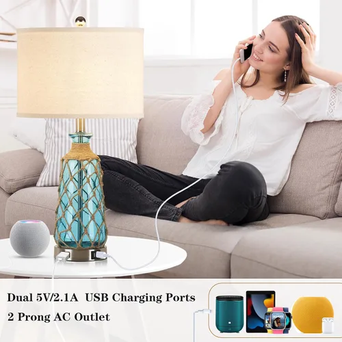 Miniatura 3 de Ruzectt Lámparas de mesa de cristal costero, lámparas de noche regulables de 3 vías con control táctil con 2 puertos USB y salida de CA, lámparas
