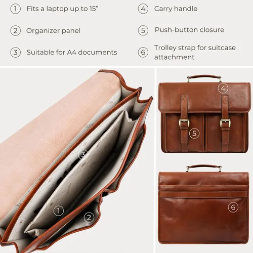 Miniatura 6 de Time Resistance Maletín de cuero para hombre hecho a mano en Italia Bolsa de mensajero de grano completo para portátil