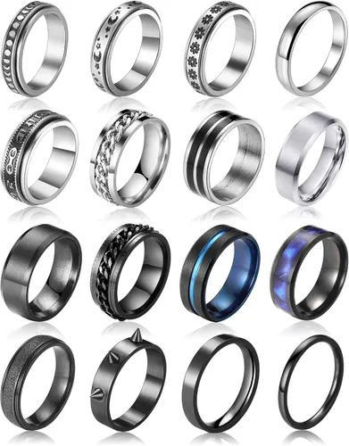 FAXHION - Anillos de acero inoxidable para la ansiedad para hombres, mujeres, niños y niñas, juego de anillos para la ansiedad negros y plateados de