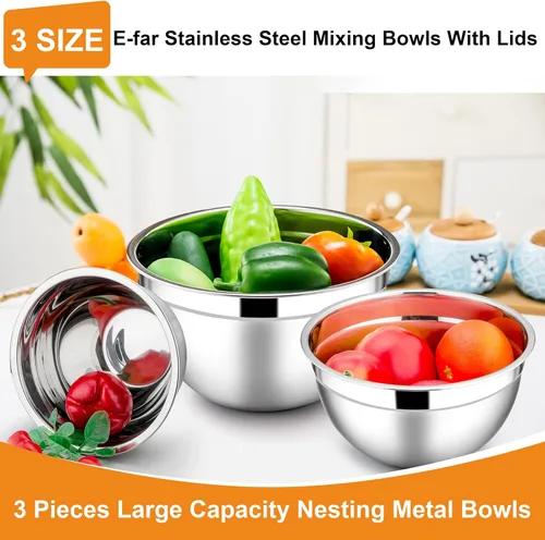 Miniatura 3 de E-far Tazones para mezclar con tapas, juego de 6 piezas de tazones para ensalada de acero inoxidable, tazones de metal anidables para hornear