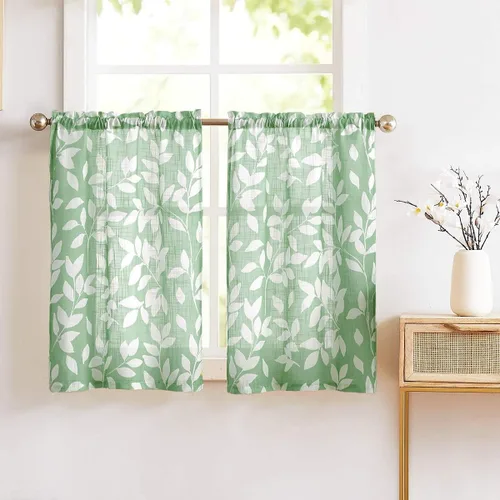 Miniatura 16 de Treatmentex Cortinas azules de cocina de 24 pulgadas con estampado de hojas blancas cortas para ventanas pequeñas, 2 paneles