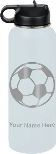 Miniatura 17 de LaserGram Botella de agua personalizada, pelota de fútbol, acero inoxidable de doble pared aislada al vacío con popote superior, regalo grabado