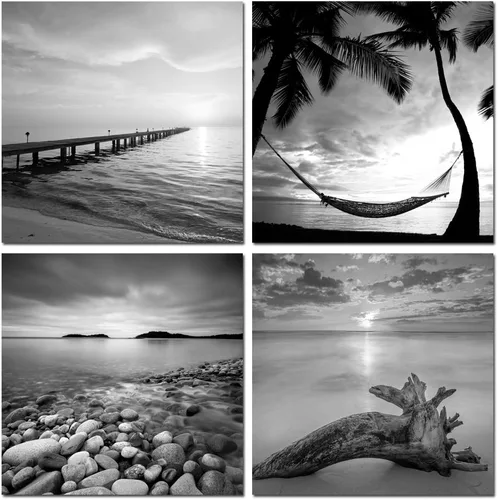 Miniatura 8 de sechars - Arte de pared de playa en blanco y negro, pintura de paisaje marino, paisaje de amanecer, imagen giclée, lienzo enmarcado para sala