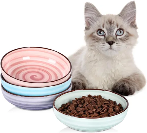 Miniatura 12 de Selamica Juego de 4 cuencos de cerámica para gatos de 5.6 pulgadas de ancho, platos poco profundos para comida y agua, varios