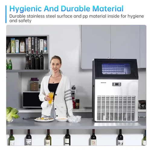 Miniatura 4 de Máquina comercial para hacer hielo, 270 libras/24 horas, contenedor de almacenamiento de 48 libras, acero inoxidable, luz azul, independiente, ideal