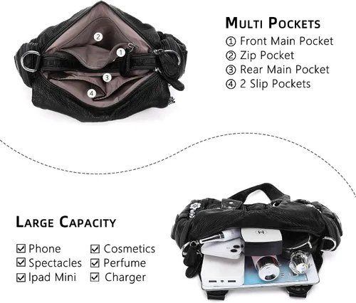 Miniatura 4 de Bolsos Angel Kiss para mujer, pequeños, tipo hobo, de hombro, de piel Vagen, con múltiples bolsillos, bolsa tipo bandolera con cierre de cremallera