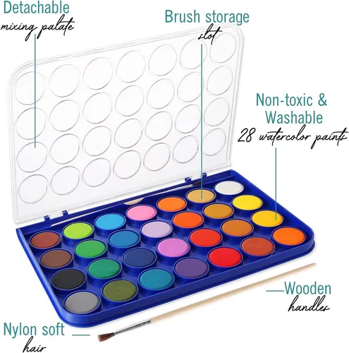 Miniatura 2 de Juego de pintura de acuarela, 28 colores de pintura de acuarela lavable, incluye paleta de acuarela y 1 pincel. Gran acuarela para niños