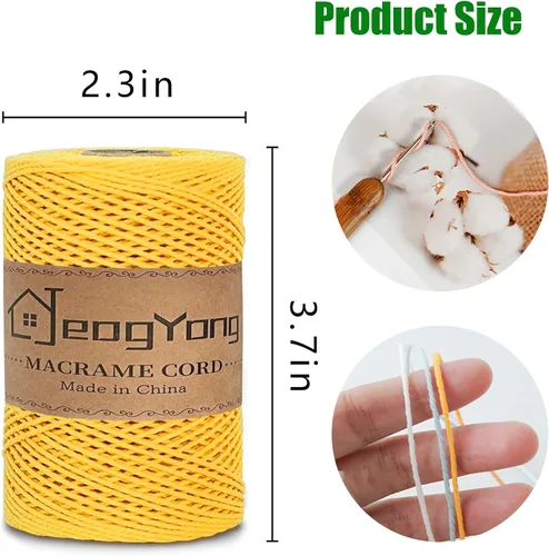 Miniatura 2 de Cuerda de macramé de colores de 0.039 in, cuerda de algodón de 656 pies, 3 hebras trenzadas, cuerda de algodón colorido para manualidades, Amarillo