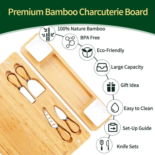 Miniatura 3 de Juego de tablas de embutidos y cuchillos - Tabla de queso de bambú - Bandeja de queso, carne y vino - Regalos únicos para inauguración de casa