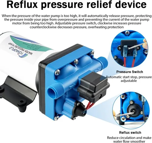 Miniatura 4 de Bomba de diafragma autocebante eléctrica de alta presión de 12V CC, equipada con interruptor de presión, 5.5GPM, 70Psi, para RV Marine Yacht Lawn