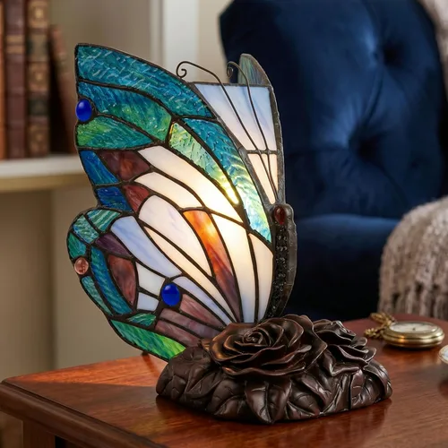 Lámpara estilo Tiffany de mariposa - Luz de mesa o escritorio de vidrio manchado con bombilla LED incluida - Colorida decoración vintage de