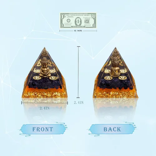 Miniatura 9 de FENGSHUI-CAISHEN Estatua de Little Buddha en pirámide de organita de cristal curativo, piedra arenisca azul con figura de Buda bebé, decoración
