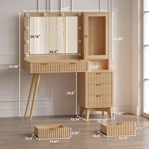 Miniatura 8 de Escritorio de tocador de maquillaje con espejo y luces, escritorio de madera estriada de 45 pulgadas con parte superior de cristal, 5 cajones y Roble